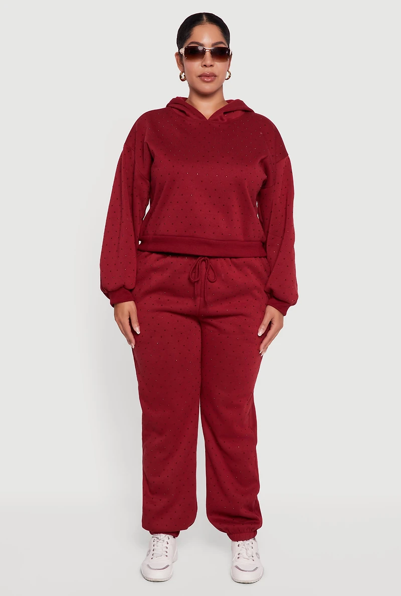 Plus Rhinestone Studded Drawstring Waist Sweatpants