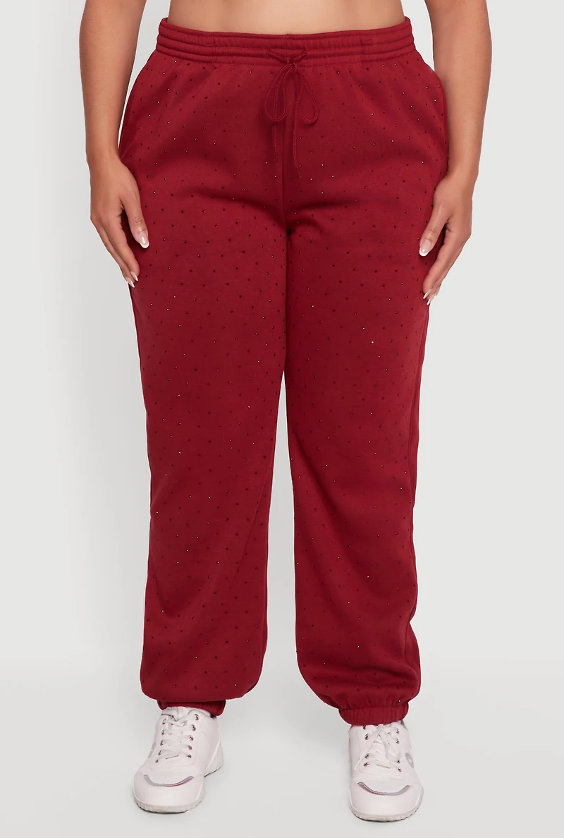 Plus Rhinestone Studded Drawstring Waist Sweatpants