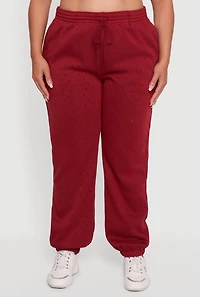Plus Rhinestone Studded Drawstring Waist Sweatpants