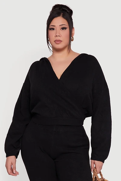 Womens Plus Size Almost Famous Faux Wrap Sweater Hoodie, Black, Size 3X