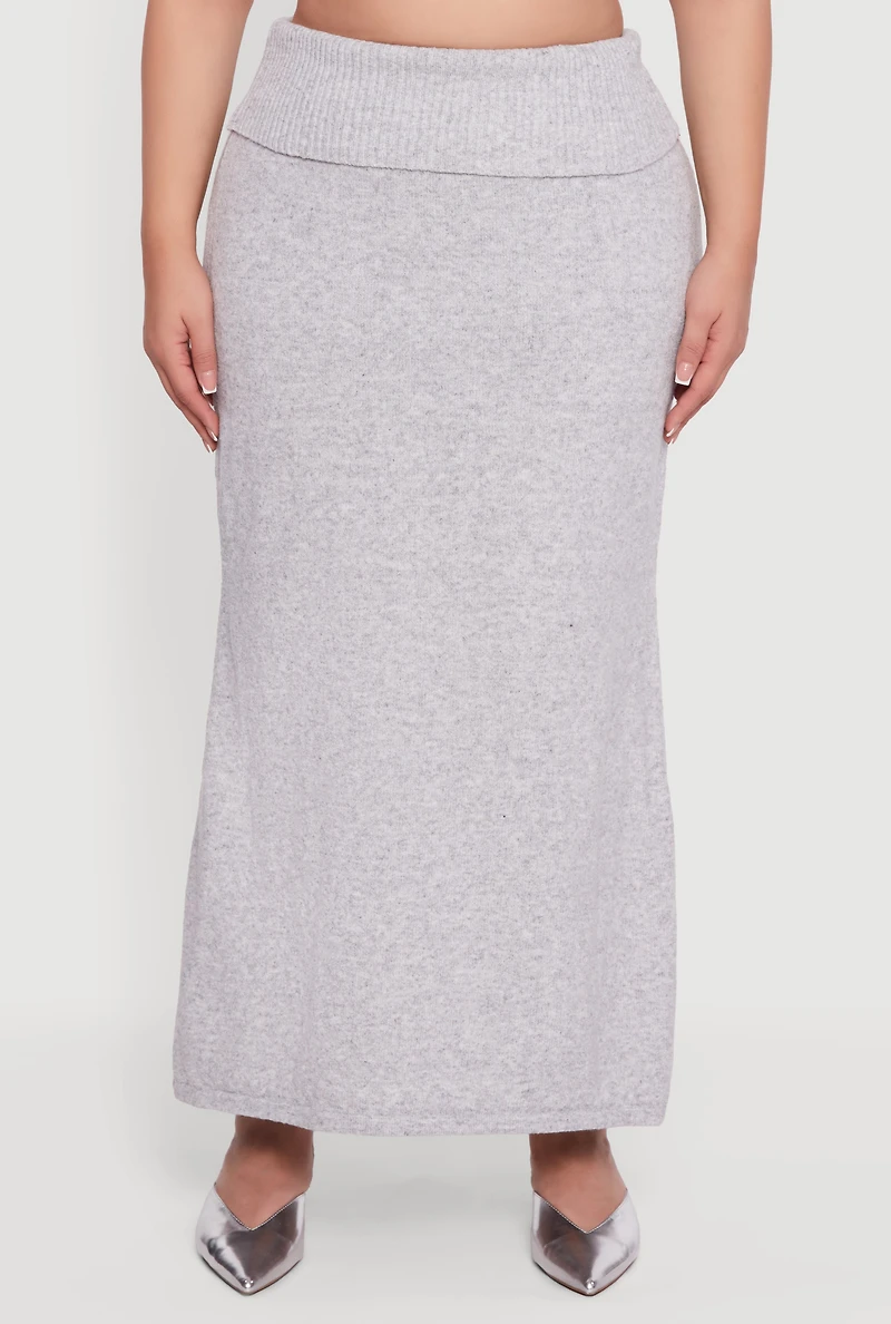 Womens Plus Almost Famous Ribbed Knit Fold Over Maxi Skirt,