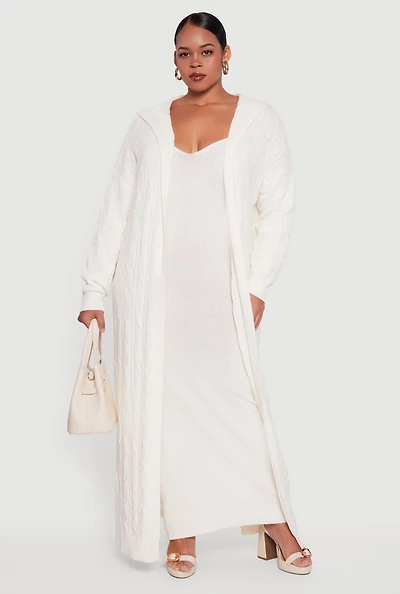 Womens Plus Size Brushed Cable Knit Hooded Open Front Long Cardigan, White, Size 3X