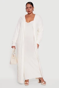 Womens Plus Size Brushed Cable Knit Hooded Open Front Long Cardigan, White, Size 3X