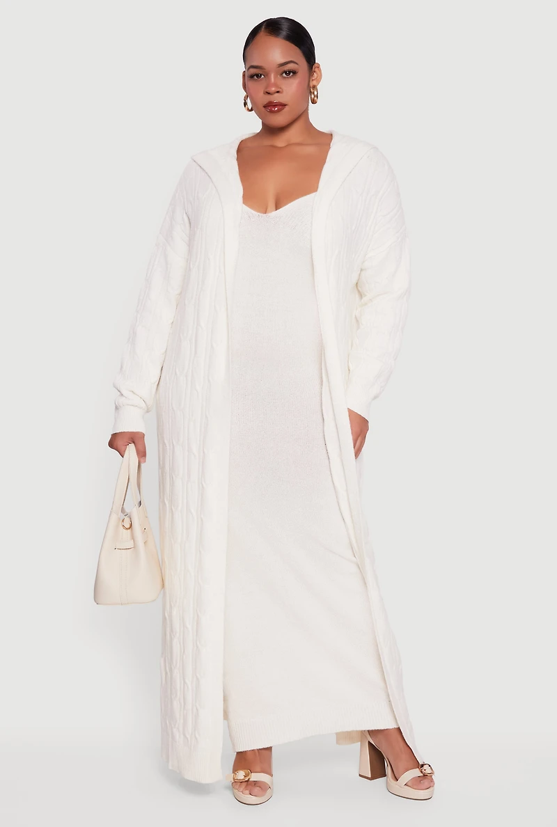 Plus Brushed Cable Knit Hooded Open Front Long Cardigan