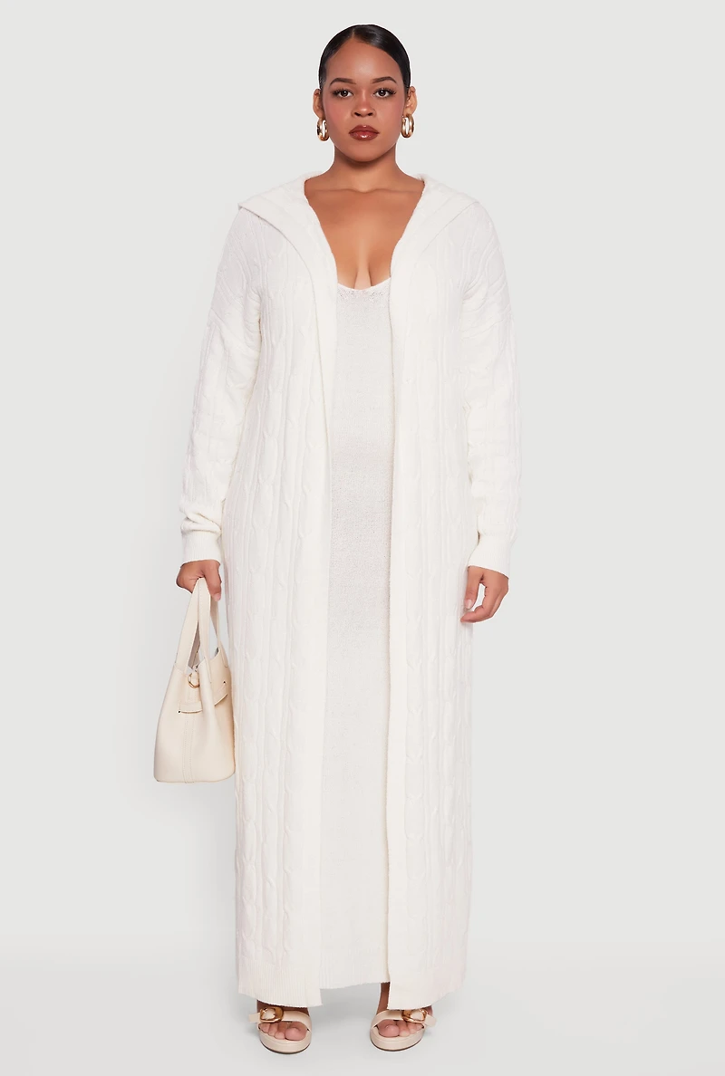 Womens Plus Size Brushed Cable Knit Hooded Open Front Long Cardigan, White, Size 3X