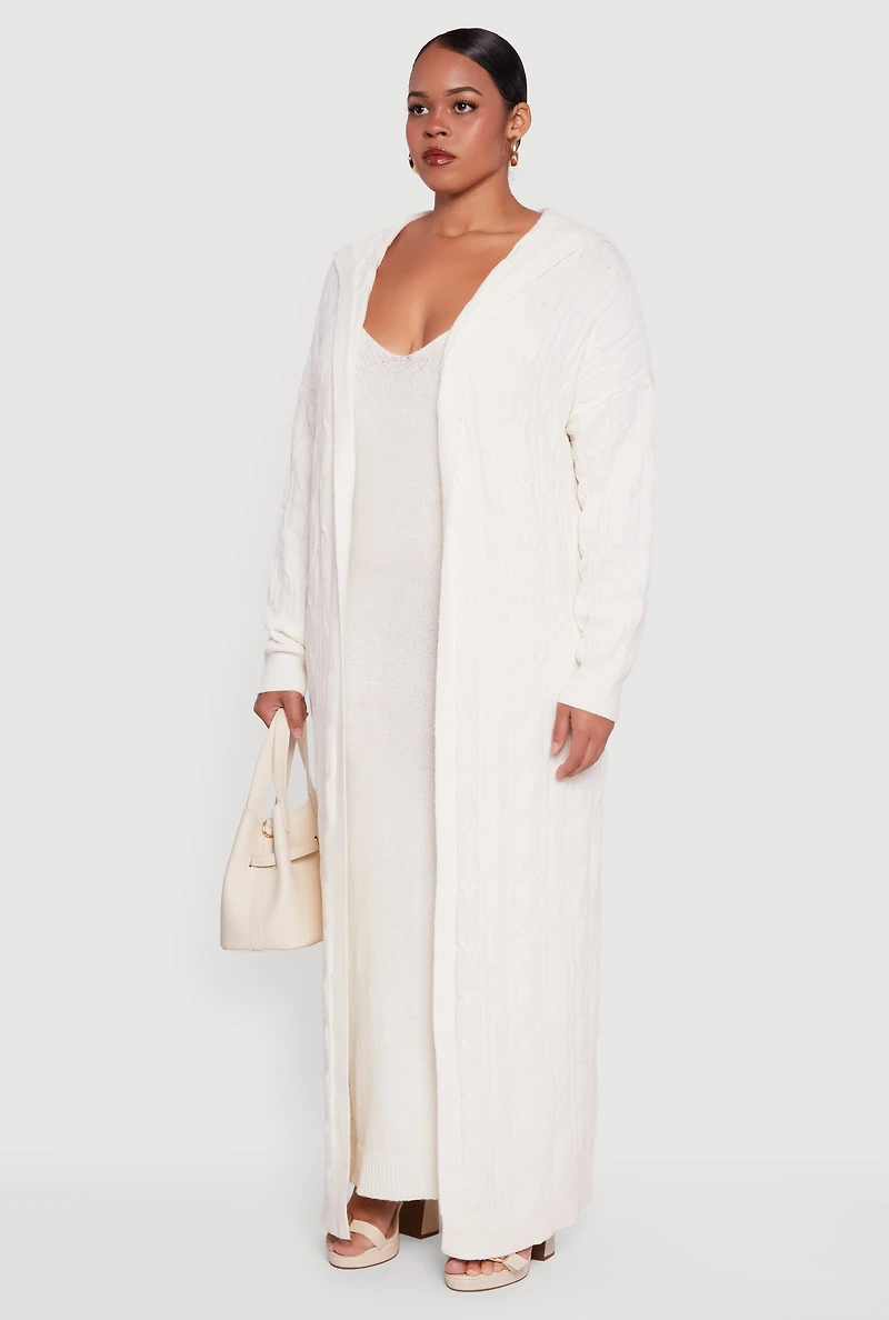 Womens Plus Size Brushed Cable Knit Hooded Open Front Long Cardigan, White, Size 3X