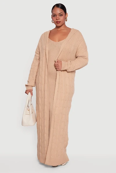 Womens Plus Size Brushed Cable Knit Hooded Open Front Long Cardigan, Beige, Size 1X