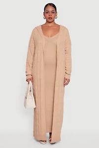 Womens Plus Size Brushed Cable Knit Hooded Open Front Long Cardigan, Beige, Size 1X