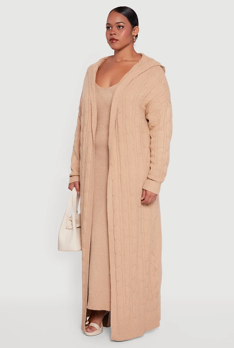 Womens Plus Size Brushed Cable Knit Hooded Open Front Long Cardigan, Beige, Size 1X