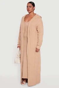Womens Plus Size Brushed Cable Knit Hooded Open Front Long Cardigan, Beige, Size 1X