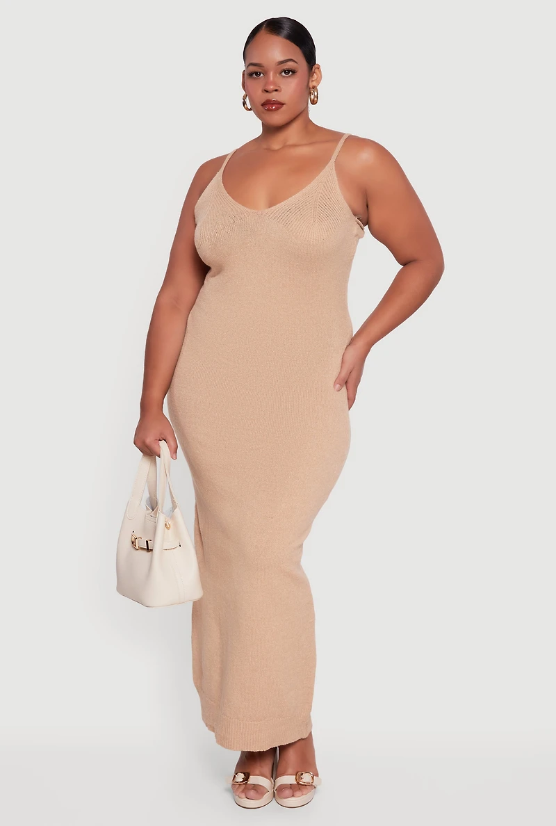 Womens Plus Sleeveless V Neck Sweater Dress, Beige,