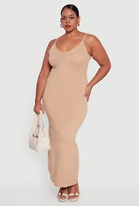 Womens Plus Sleeveless V Neck Sweater Dress, Beige,