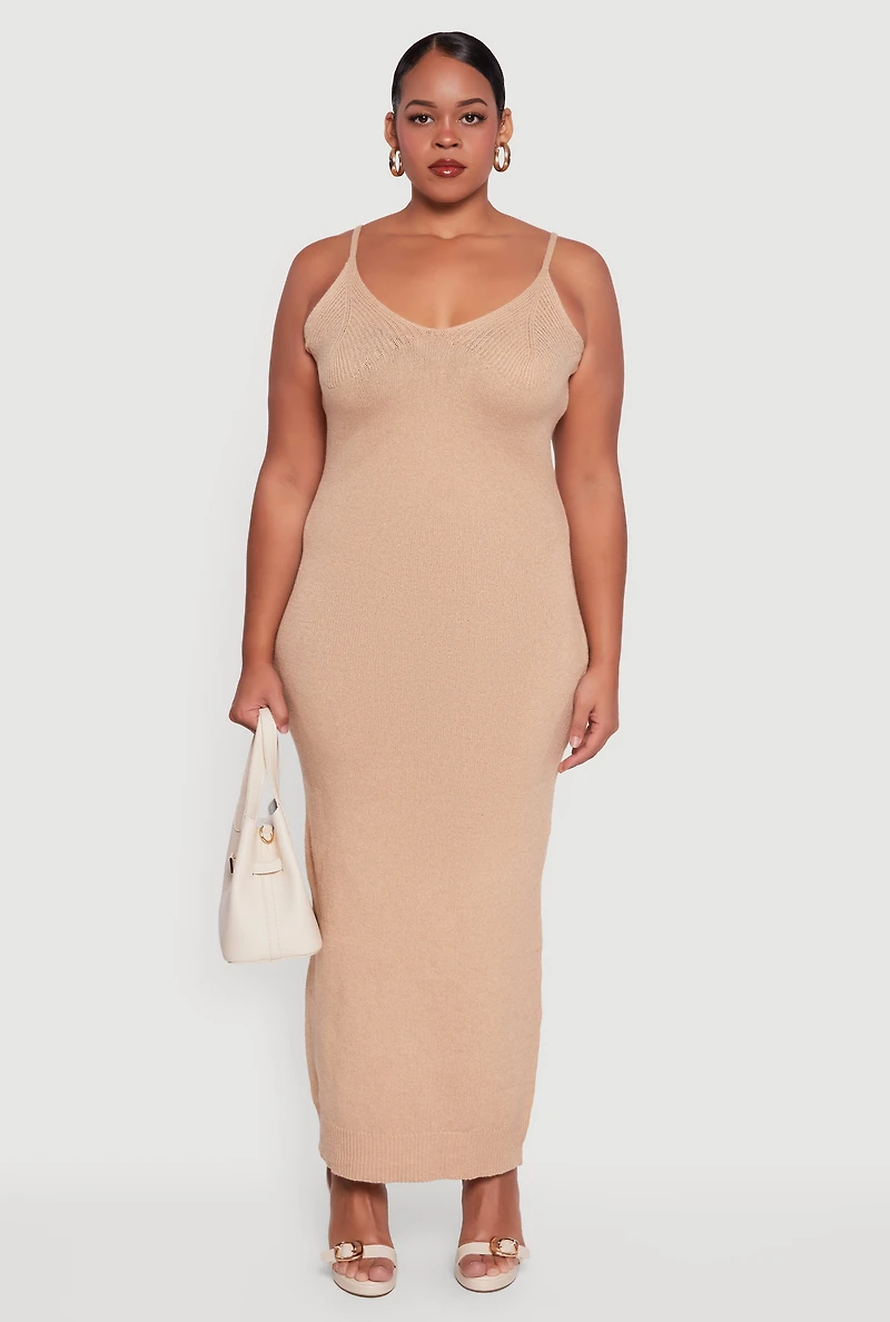 Womens Plus Size Sleeveless V Neck Sweater Dress, Beige, Size 3X