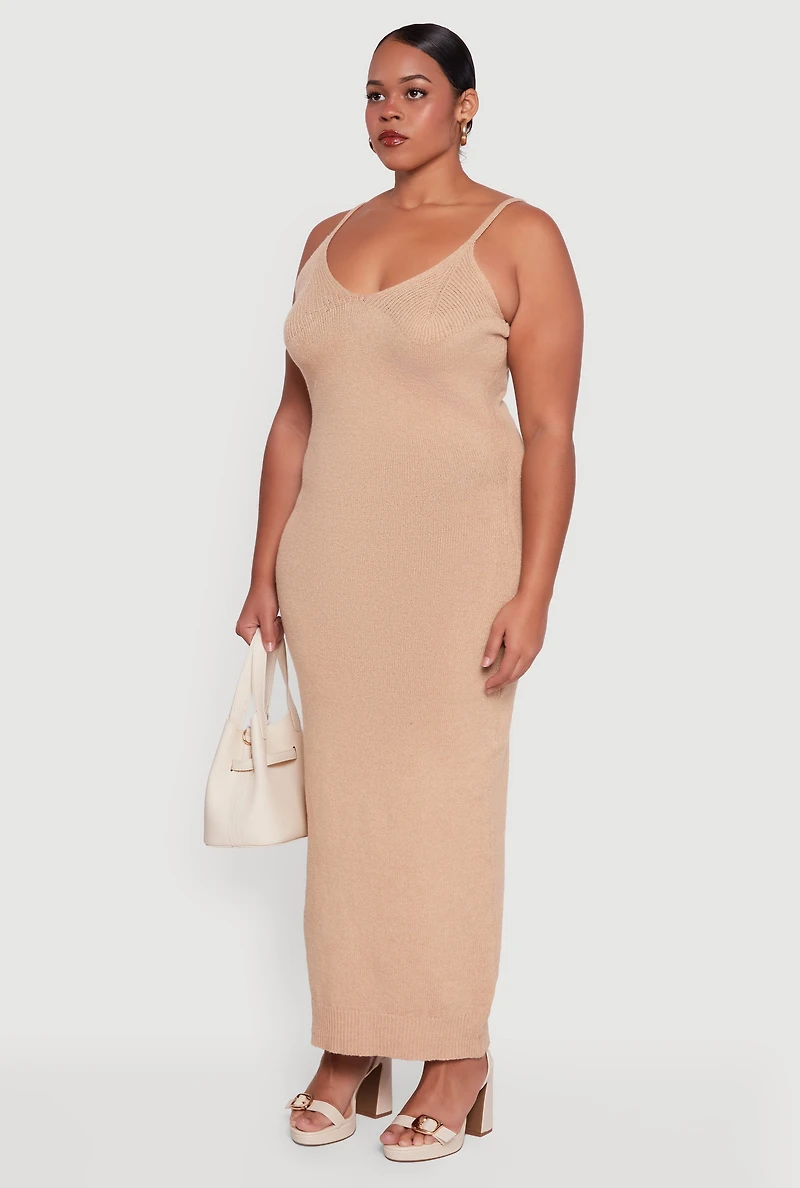 Womens Plus Sleeveless V Neck Sweater Dress, Beige,