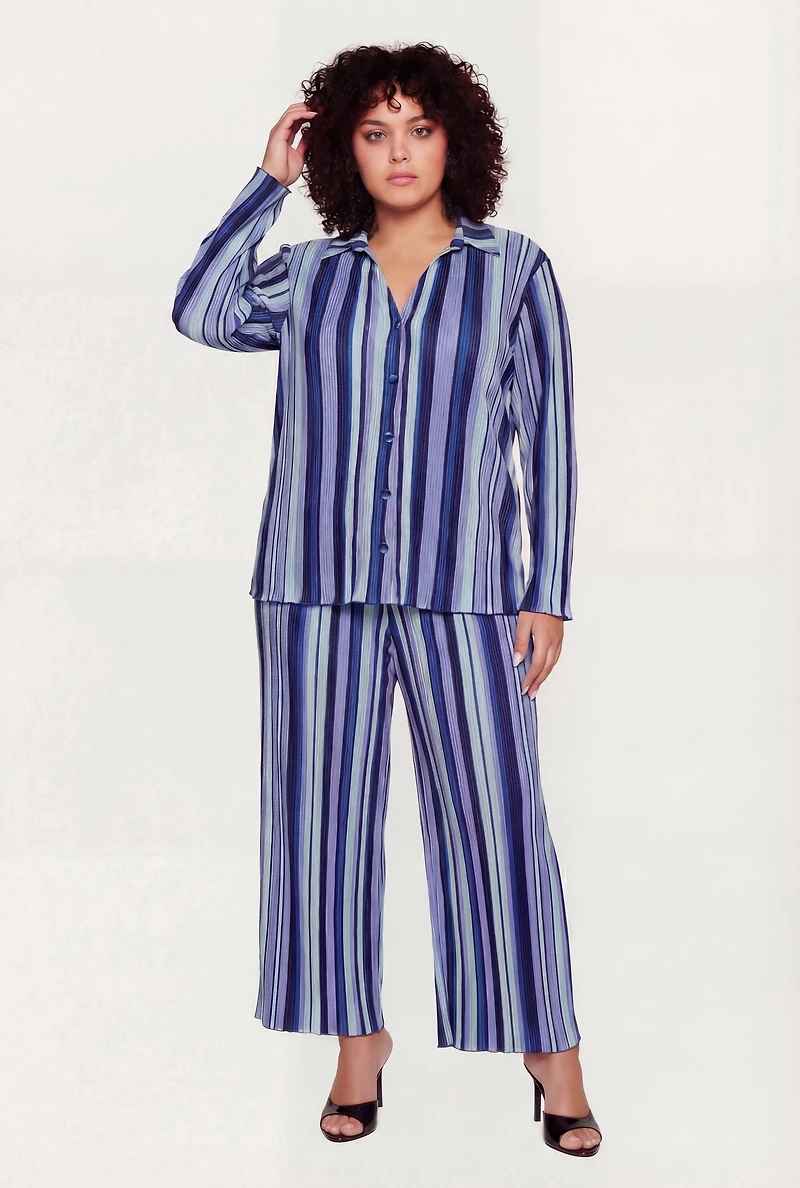 Plus Striped Plisse Long Sleeve Button Front Shirt