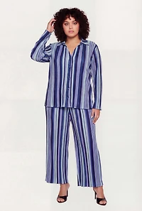 Plus Striped Plisse Long Sleeve Button Front Shirt