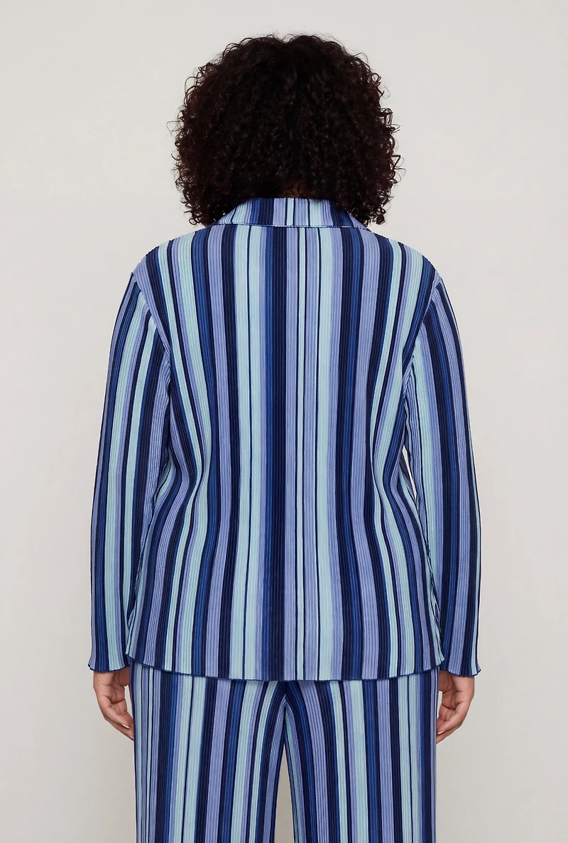 Plus Striped Plisse Long Sleeve Button Front Shirt