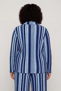Plus Striped Plisse Long Sleeve Button Front Shirt