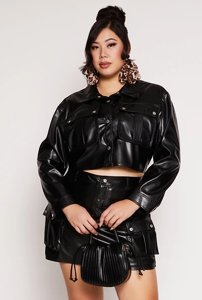 Plus Almost Famous Faux Leather Cropped Shacket