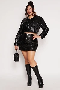 Womens Plus Size Almost Famous Faux Leather Cropped Shacket, Black, Size 2X