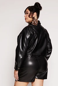 Womens Plus Size Almost Famous Faux Leather Cropped Shacket, Black, Size 2X