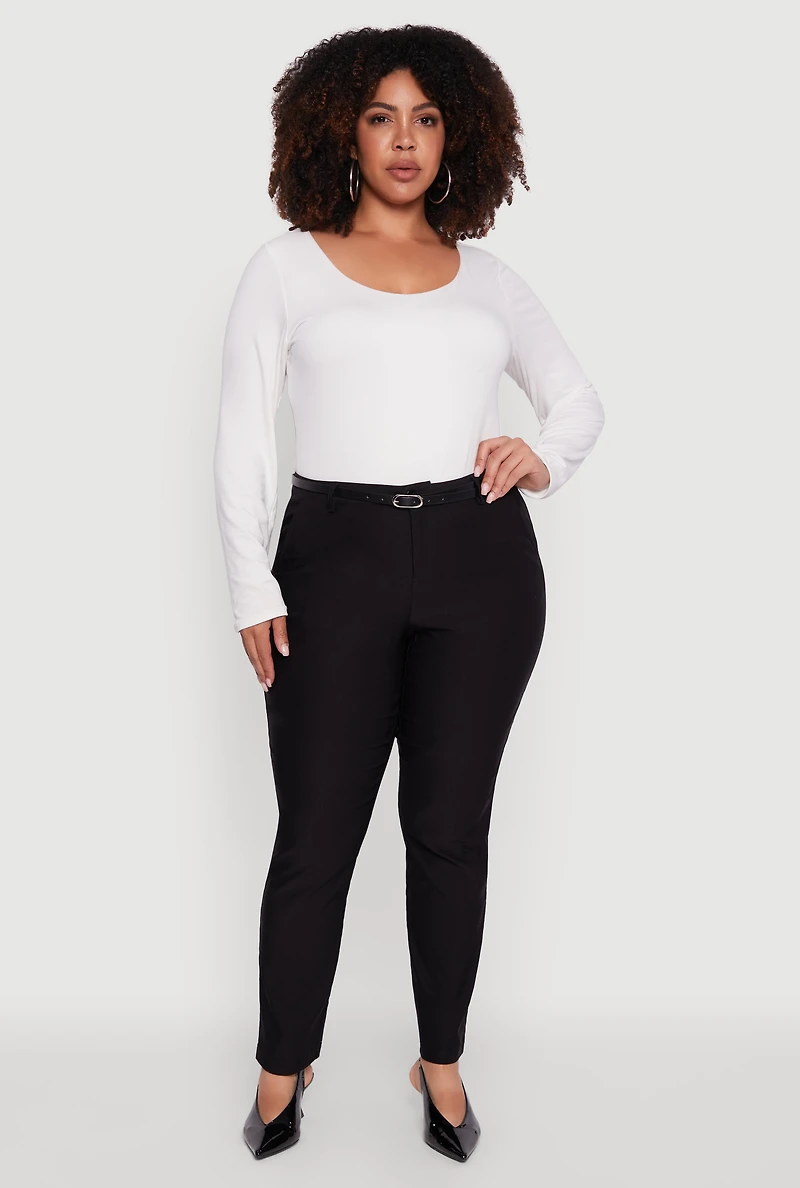 Womens Plus Size Skinny Leg Solid Pants with Belt, Black, Size 3X