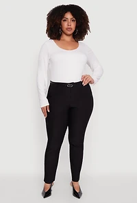 Womens Plus Size Skinny Leg Solid Pants with Belt, Black, Size 3X