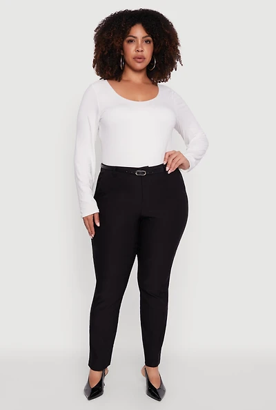 Womens Plus Size Skinny Leg Solid Pants with Belt, Black, Size 2X