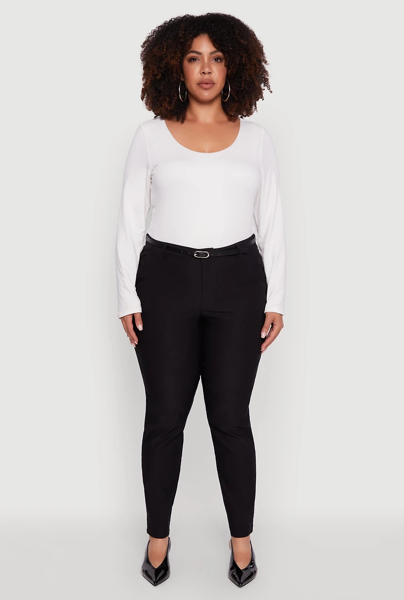 Womens Plus Size Skinny Leg Solid Pants with Belt, Black, Size 3X