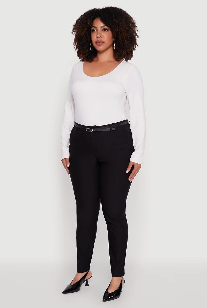 Womens Plus Size Skinny Leg Solid Pants with Belt, Black, Size 3X