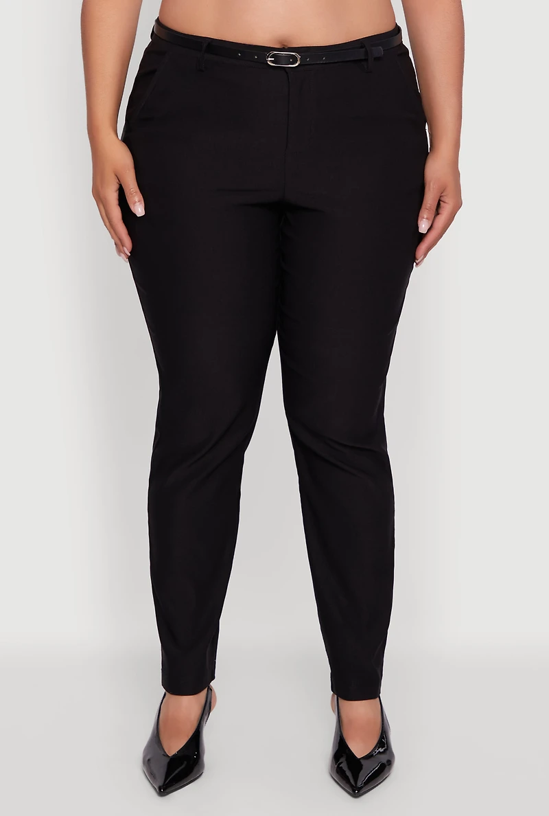 Womens Plus Size Skinny Leg Solid Pants with Belt, Black, Size 3X