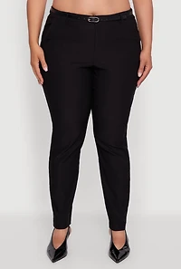 Womens Plus Size Skinny Leg Solid Pants with Belt, Black, Size 3X