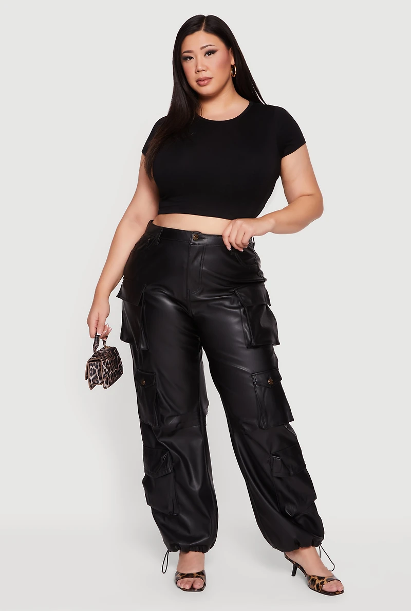 Plus High Waisted Faux Leather Cargo Joggers