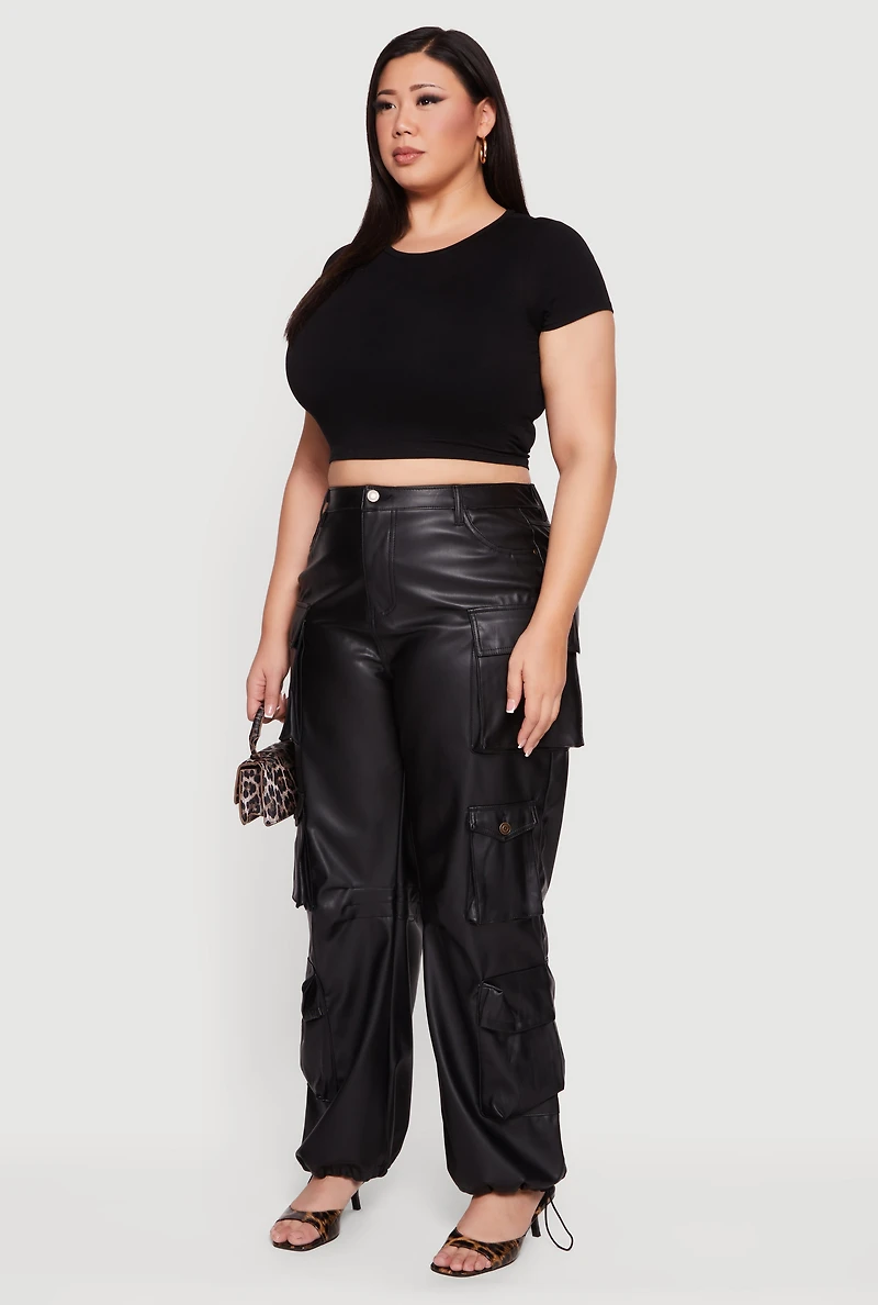 Plus High Waisted Faux Leather Cargo Joggers