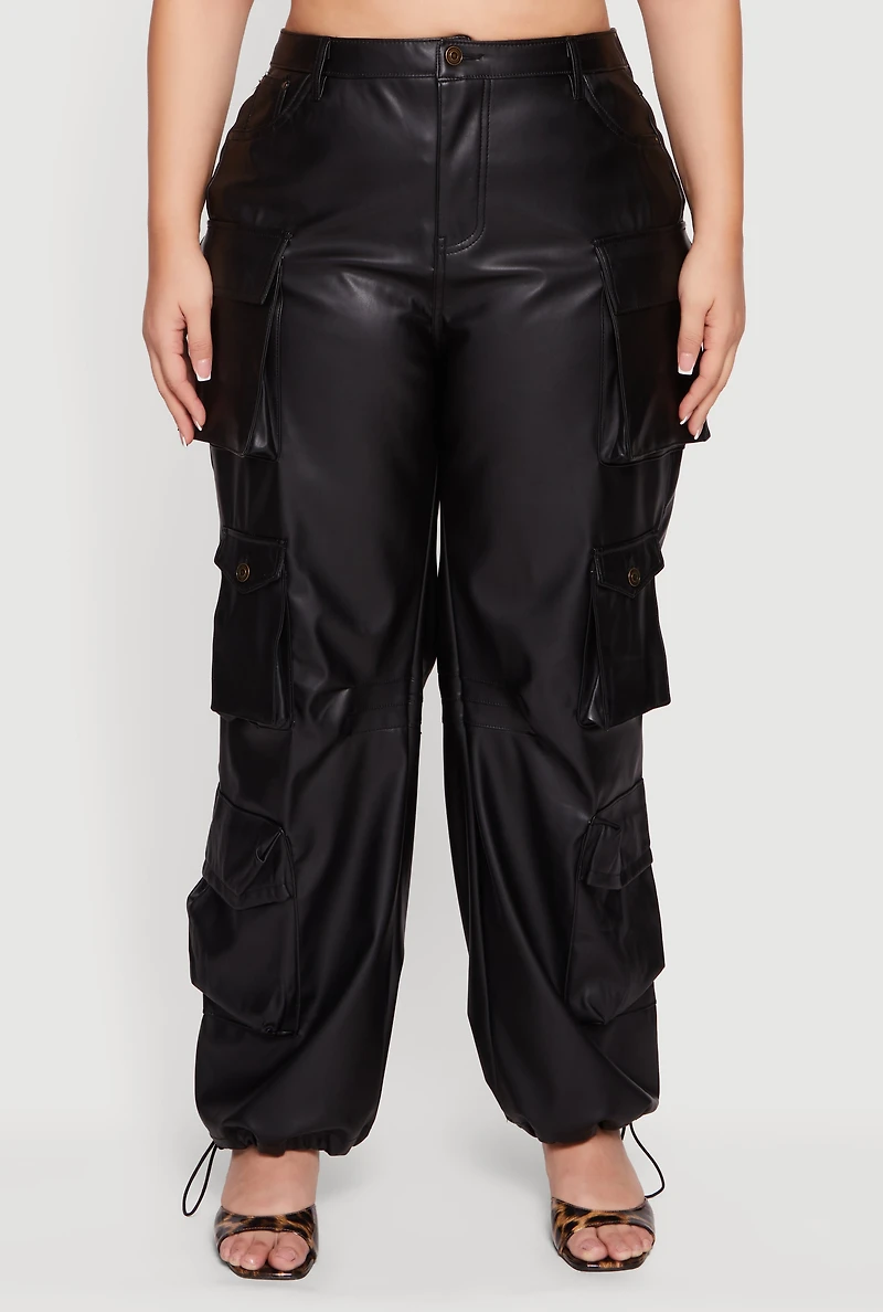 Plus High Waisted Faux Leather Cargo Joggers