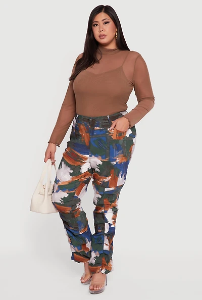 Womens Plus Abstract Paint Print Stacked Pants, Multi,