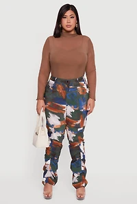 Womens Plus Abstract Paint Print Stacked Pants, Multi,