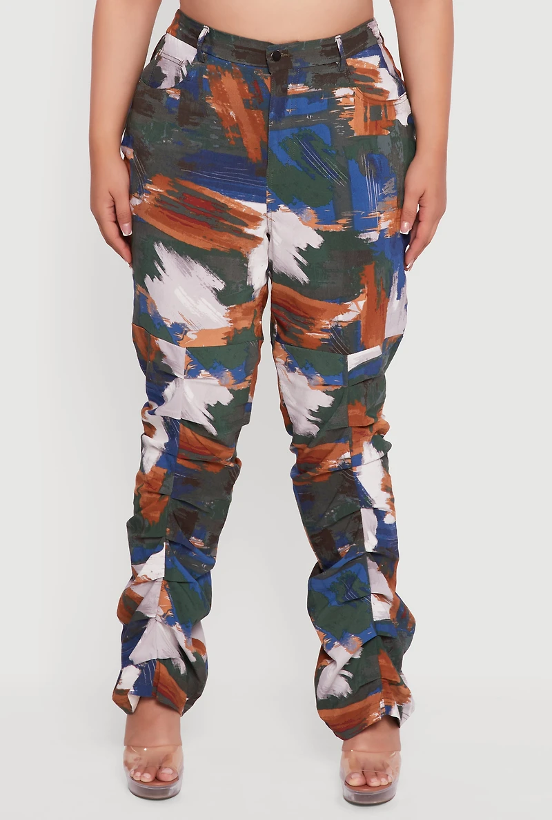 Womens Plus Abstract Paint Print Stacked Pants, Multi,