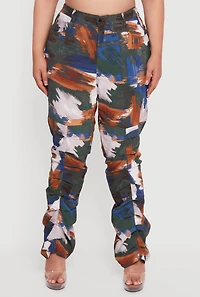 Womens Plus Abstract Paint Print Stacked Pants, Multi,