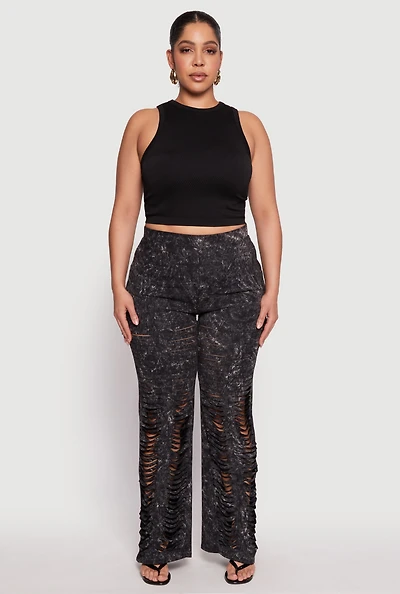 Womens Plus Size Acid Wash Laser Cut Pants, Black, Size 1X