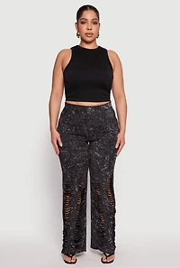 Womens Plus Acid Wash Laser Cut Pants, Black,