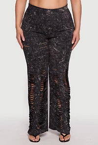 Womens Plus Acid Wash Laser Cut Pants, Black,