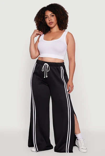 Womens Plus Size Scuba Varsity Stripe Split Wide Leg Track Pants, Black, Size 2X