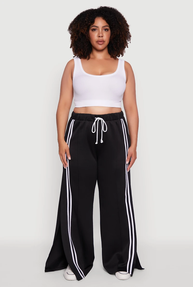 Womens Plus Scuba Varsity Stripe Split Wide Leg Track Pants,