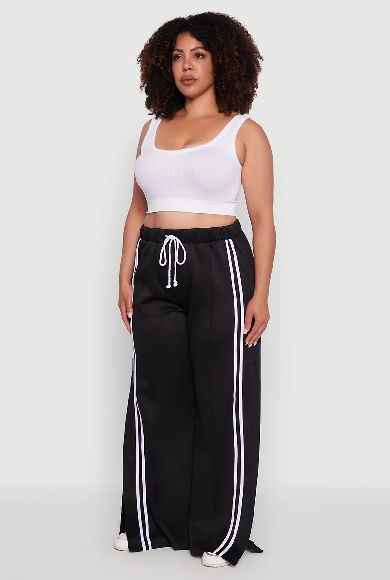 Womens Plus Scuba Varsity Stripe Split Wide Leg Track Pants,