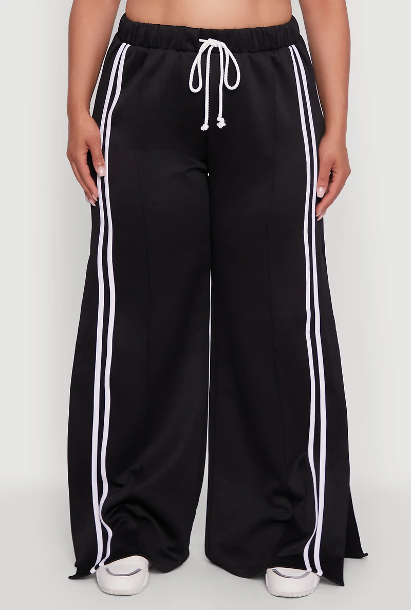 Womens Plus Scuba Varsity Stripe Split Wide Leg Track Pants,