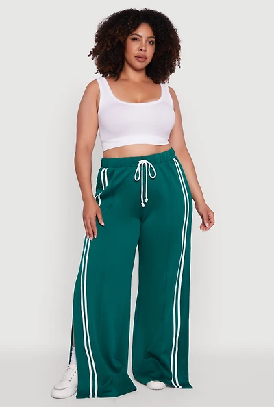 Womens Plus Size Scuba Varsity Stripe Split Wide Leg Track Pants, Green, Size 1X