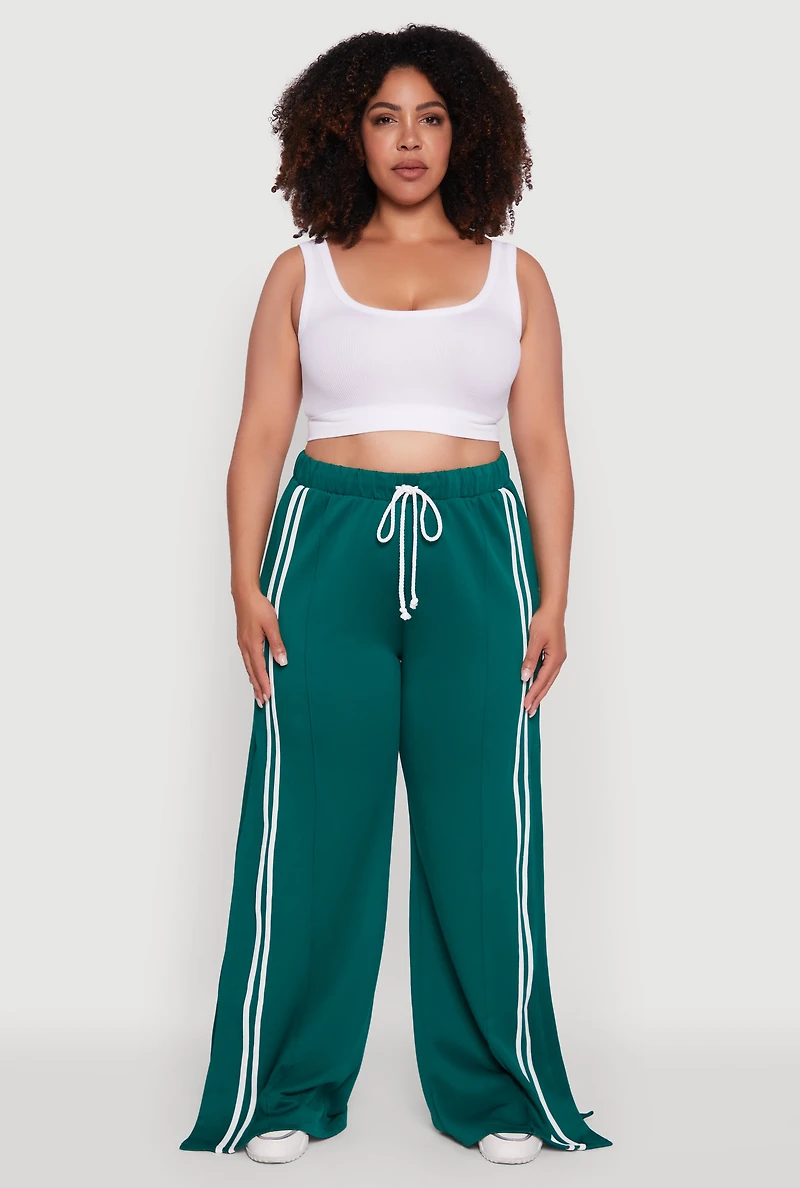 Womens Plus Size Scuba Varsity Stripe Split Wide Leg Track Pants, Green, Size 1X