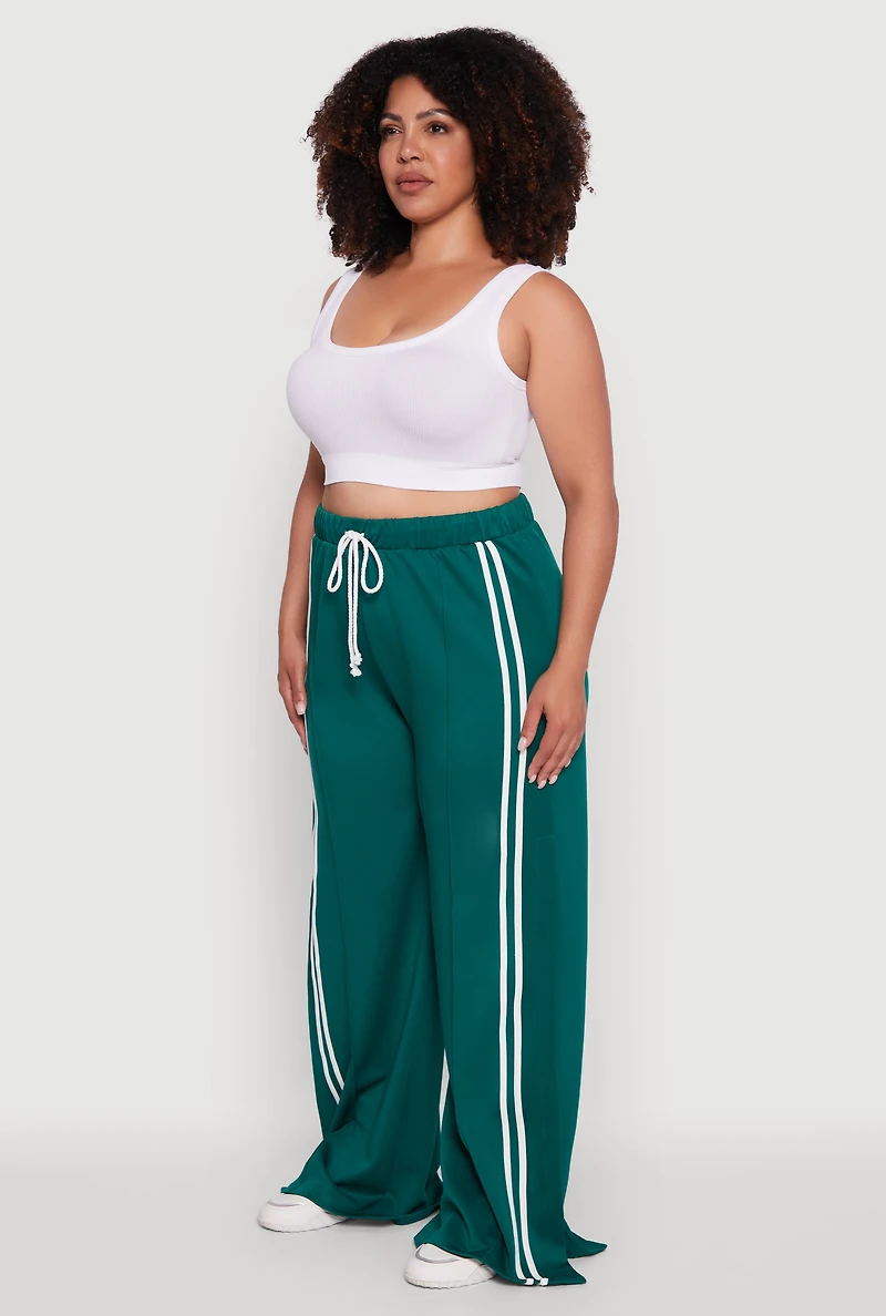 Womens Plus Size Scuba Varsity Stripe Split Wide Leg Track Pants, Green, Size 1X