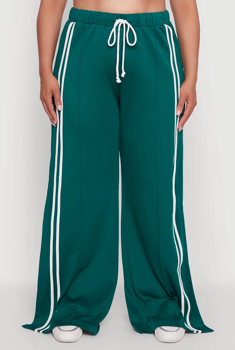 Womens Plus Size Scuba Varsity Stripe Split Wide Leg Track Pants, Green, Size 1X